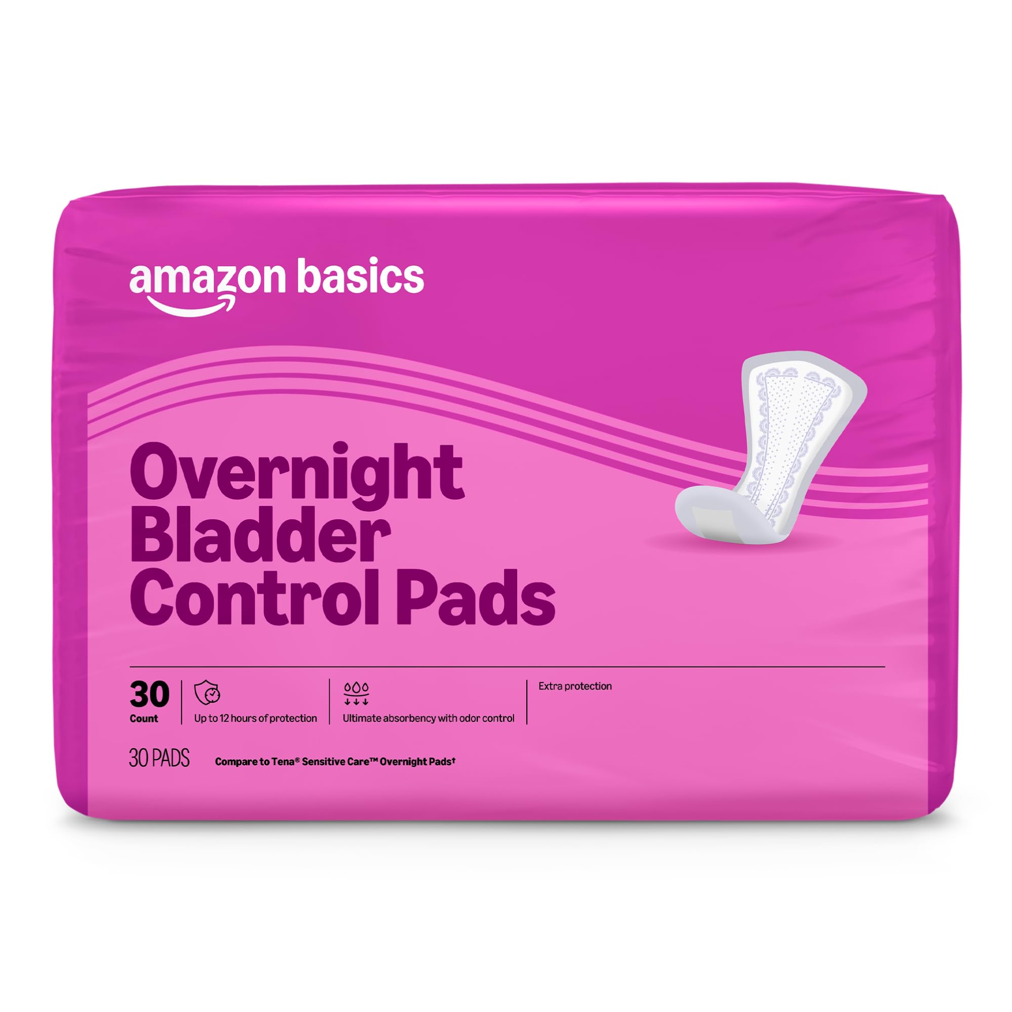Amazon Basics Incontinence Pads for Women, Postpartum Pads, Bladder Control, Overnight Absorbency, Fresh Protection, Unscented, 30 Count, Packaging May Vary
