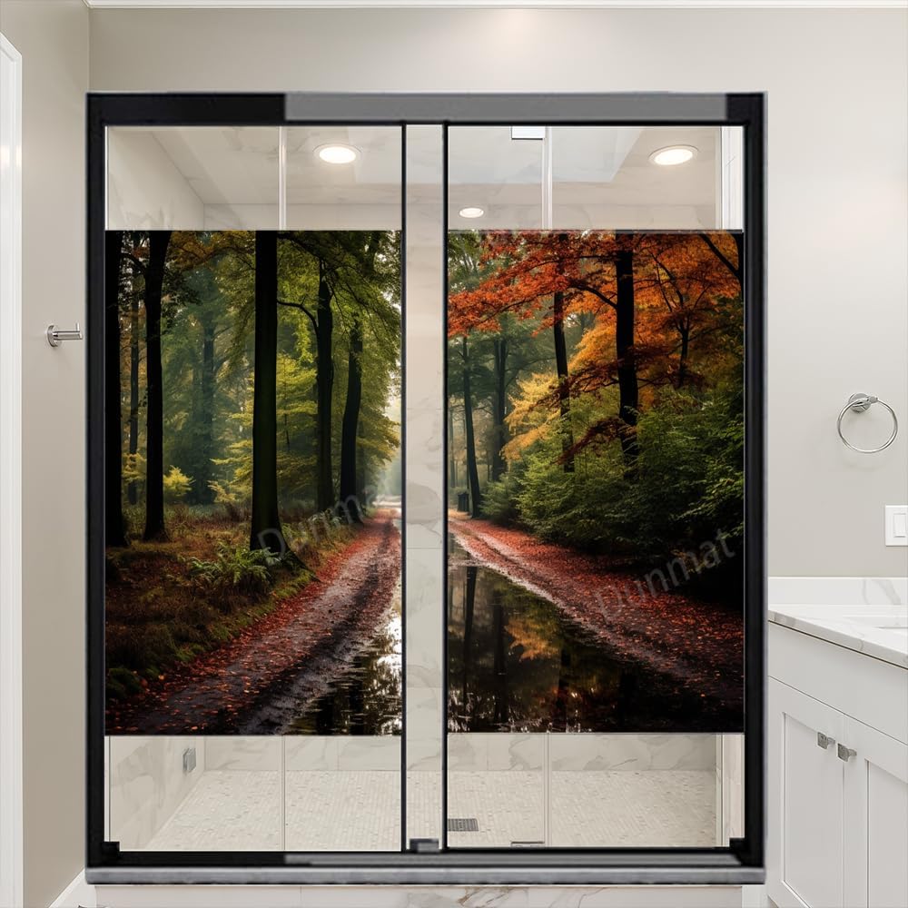 Autumn Forest Path Window Privacy Film Nature Leaves Tree Modern Stained Glass Window Coverings No Glue Static Cling Window Film for Home Office Stores 17.7Wx23.6L-inch x2 Pcs