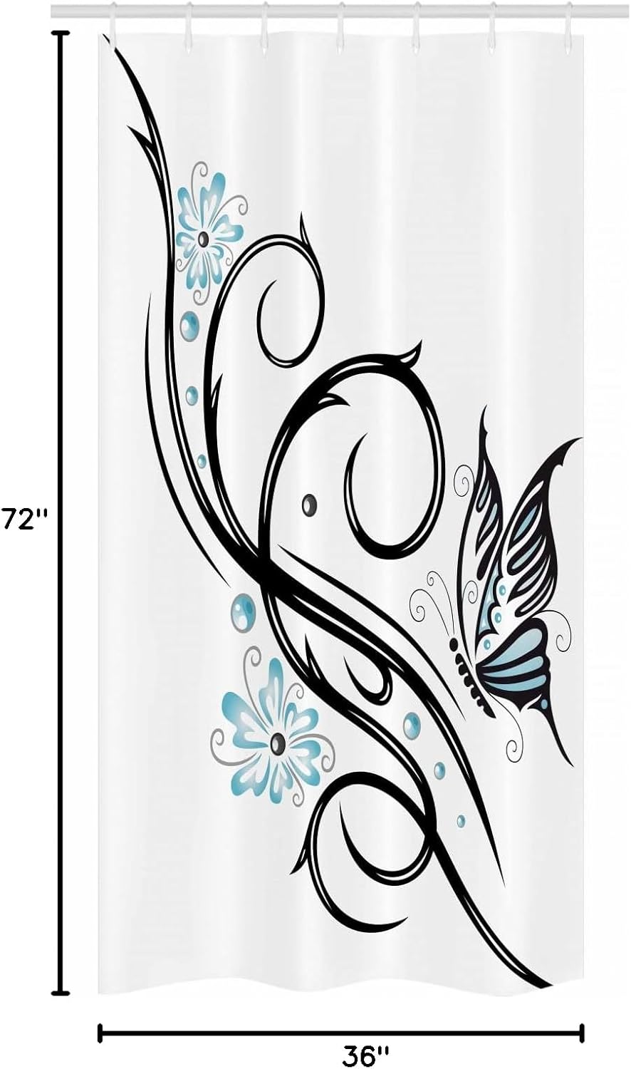 Ambesonne Tattoo Stall Shower Curtain, Leaf Like Design Flowers and a Flying Butterfly Image Illustration Print, Fabric Bathroom Decor Set with Hooks, 36" W x 72" L, Blue Black and White