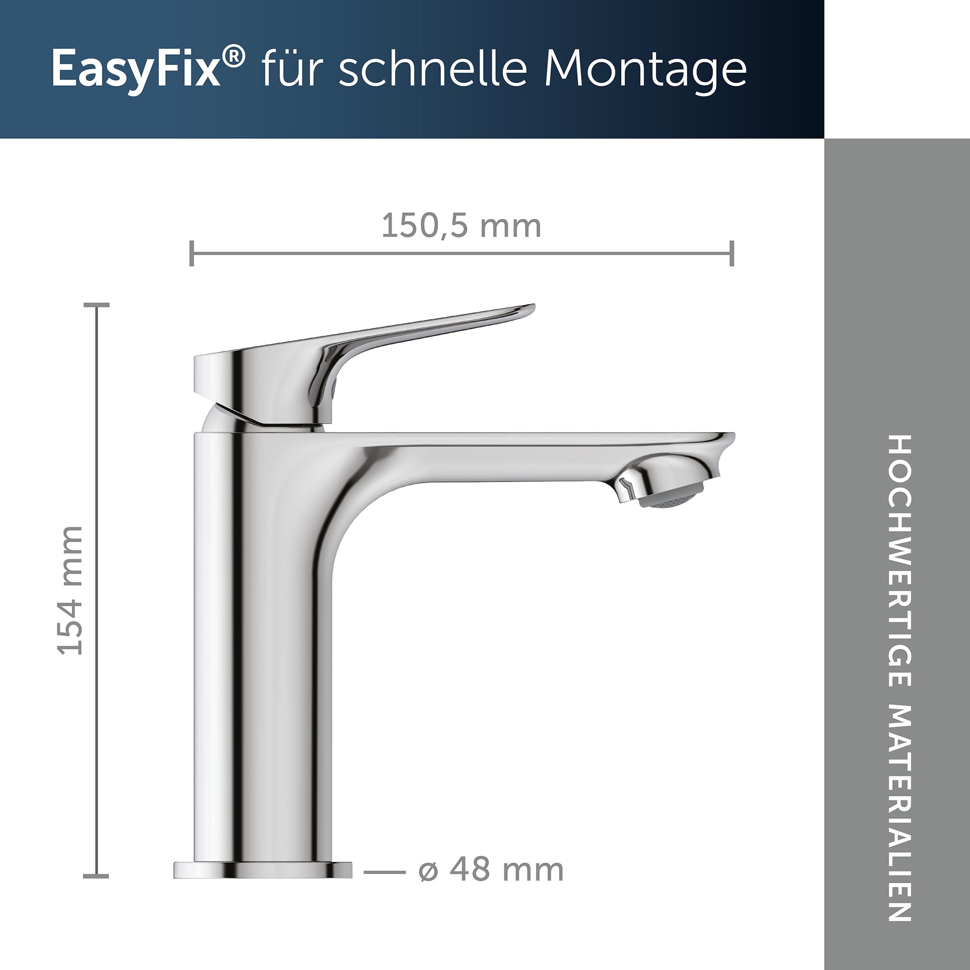 Ideal Standard Alero Waschtischarmatur, Auslaufhöhe 100 mm, wassersparender Wasserhahn Badezimmer, besonders langlebig, ohne Ablaufgarnitur – Chrom (48 x 150,5 x 154 mm)