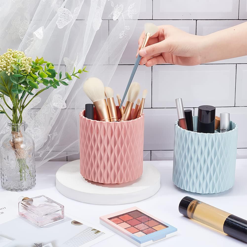 CRASPIRE 2 Colors Makeup Brush Holder Organizer 360 Rotating Multi Functional Pen Holder Small for Desk Purpose Stationary Storage Lipsticks Comb Beauty Tool in Vanity Forks Spoons Container Pink Bule