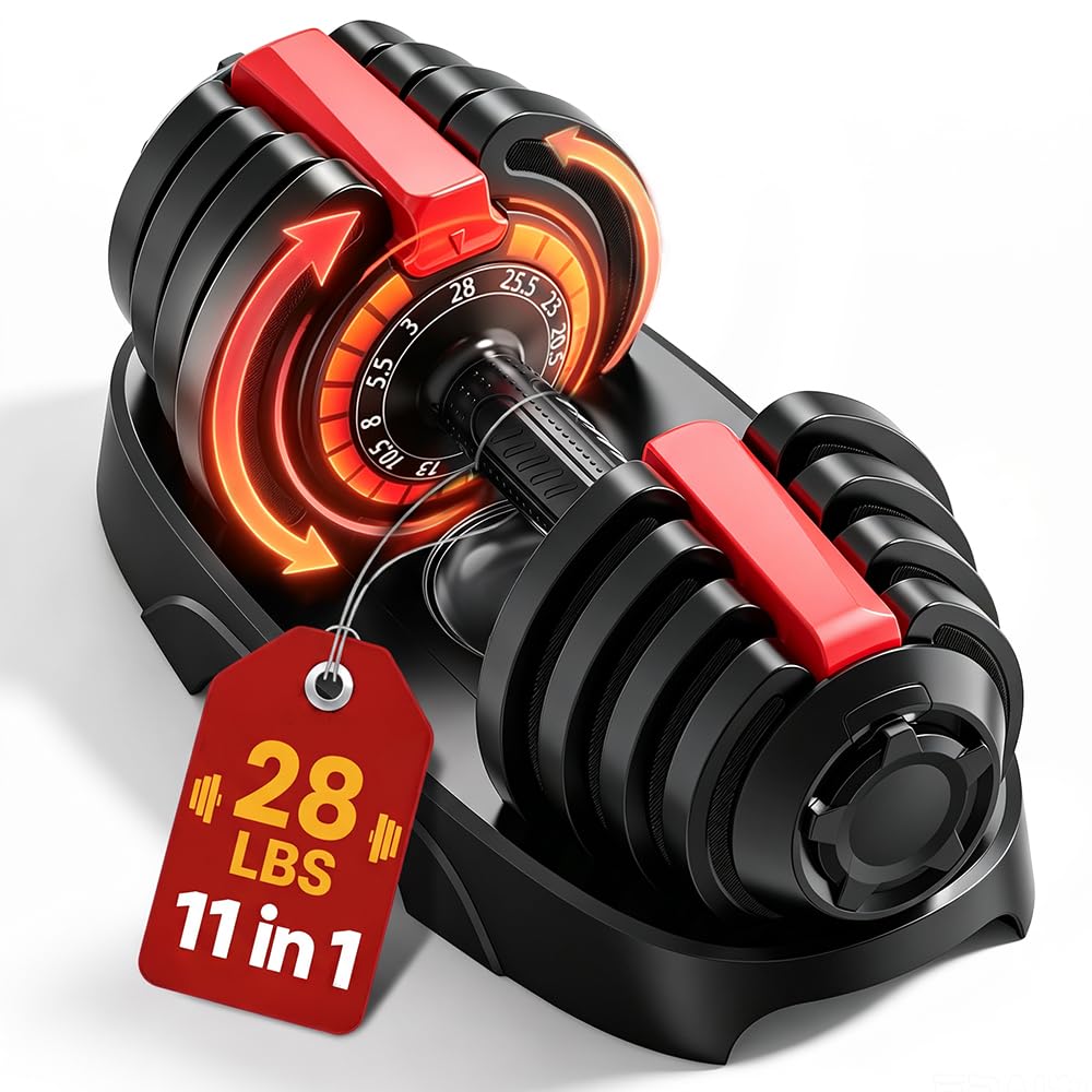 28 lbs Adjustable Dumbbell Set, 11 in 1 Weight Options, Single Dumbbell