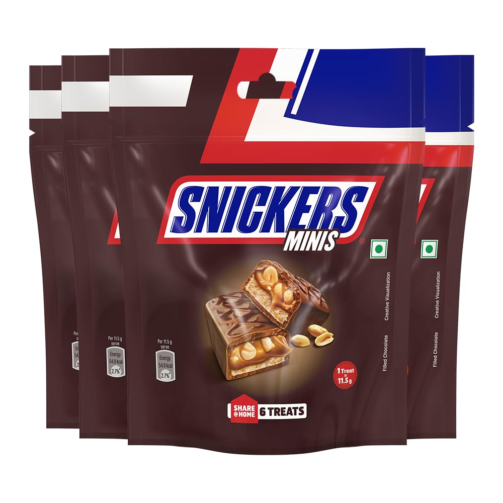 Snickers Minis Chocolate Pack, Loaded with Peanuts, Nougat, & Caramel, 6 Treats Inside, 69g | Pack of 4