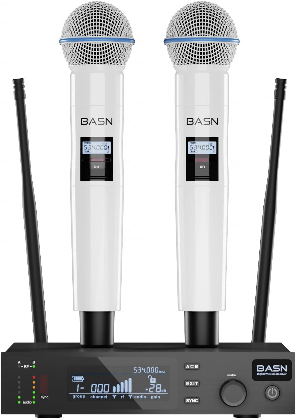BASN UHF Dual Channel Wireless Microphone System, Handheld Mics for Stage, Karaoke, Weddings, DJ, and Events (Black & White)