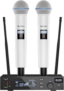 BASN UHF Dual Channel Wireless Microphone System, Handheld Mics for Stage, Karaoke, Weddings, DJ, and Events (White)