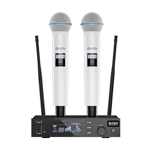 BASN UHF Dual Channel Wireless Microphone System, Handheld Mics for Stage, Karaoke, Weddings, DJ, and Events (White) - White