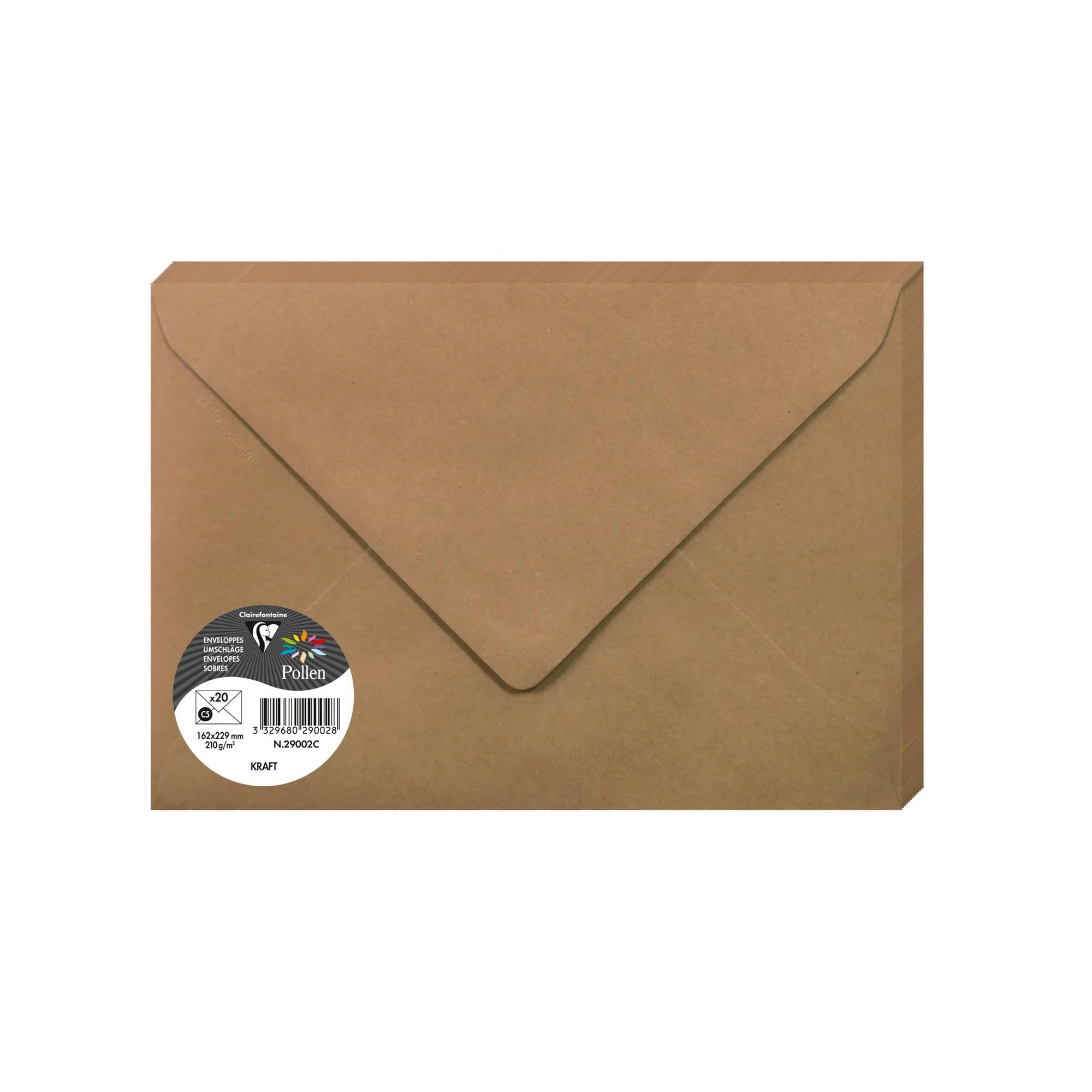 Clairefontaine 29002C - Paquet de 20 Enveloppes Gommées - Format C5 (16,​2x22,​9cm) - 120g/​m² - Coloris Kraft - Invitation Evènements et Correspondance - Gamme Pollen - Papier Premium Lisse