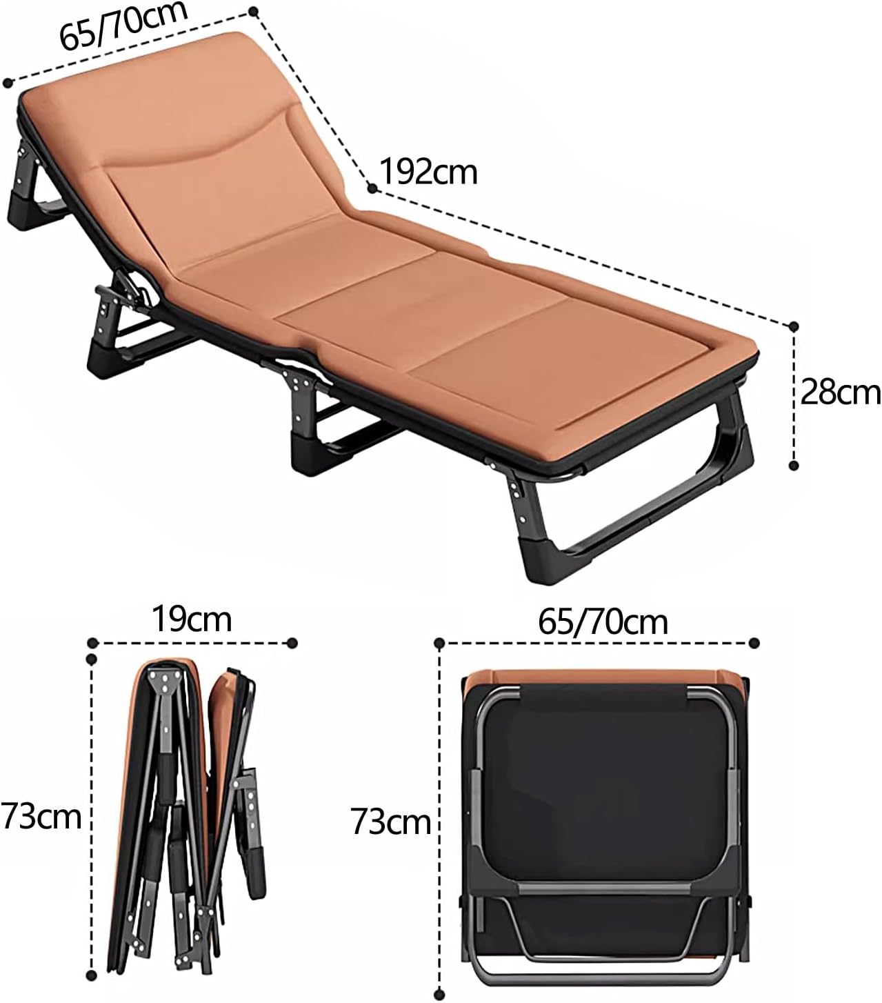 Foldable Bed with Mattress 4 Speed Adjustable Backrest with 3D Memory Headrest Portable Folding Bed Cot Lounge Chair for Beach Lawn Camping(Orange,192 * 70 * 28cm)