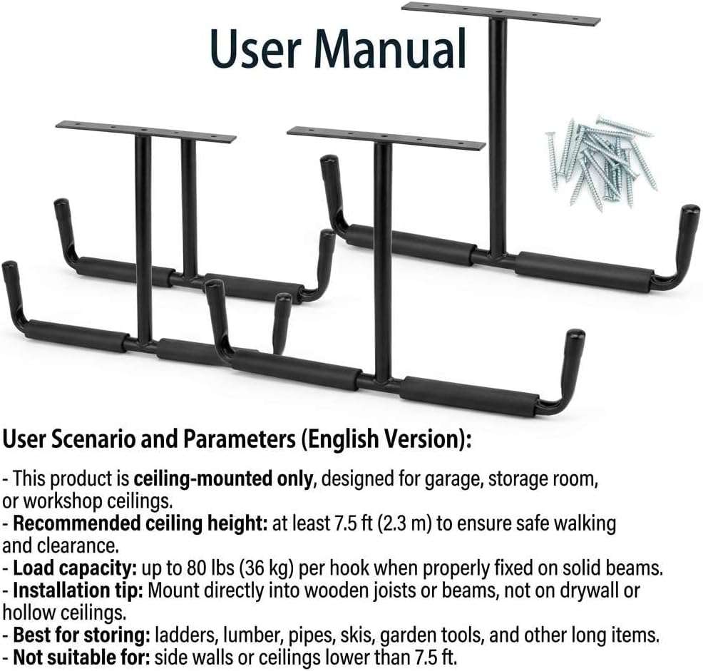 QWORK Overhead Ceiling Hooks Rack – Heavy Steel Storage Hangers for Garage, Workshop & Basement