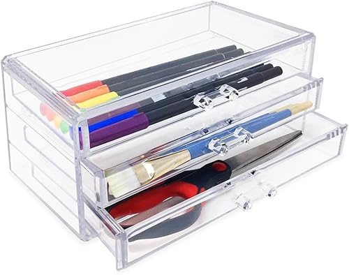 Miniatura 5 de Isaac Jacobs Organizador de joyas apilable de acrílico transparente de 3 cajones, estuche de cosméticos y maquillaje con bandejas de 3 cajones,