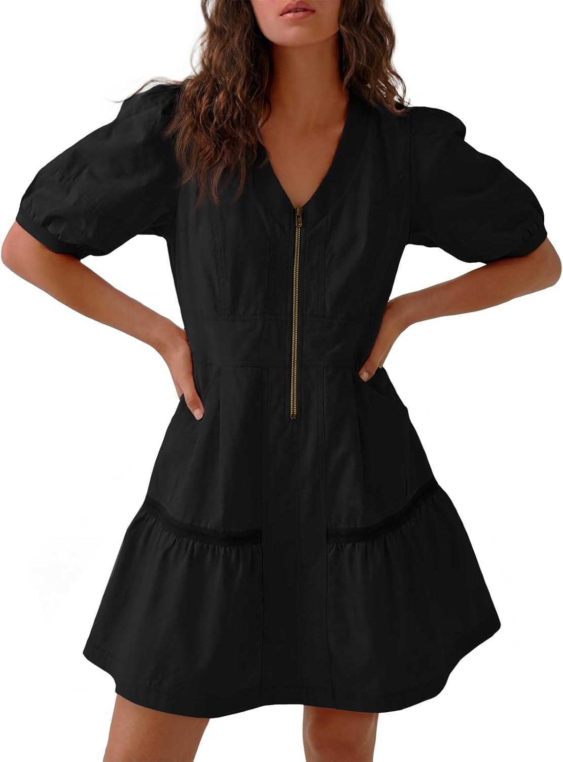 Fisoew Women's Short Sleeve Mini Dress Casual Half Zip V Neck Loose Mesh Back Utility Summer Dresses with Pockets