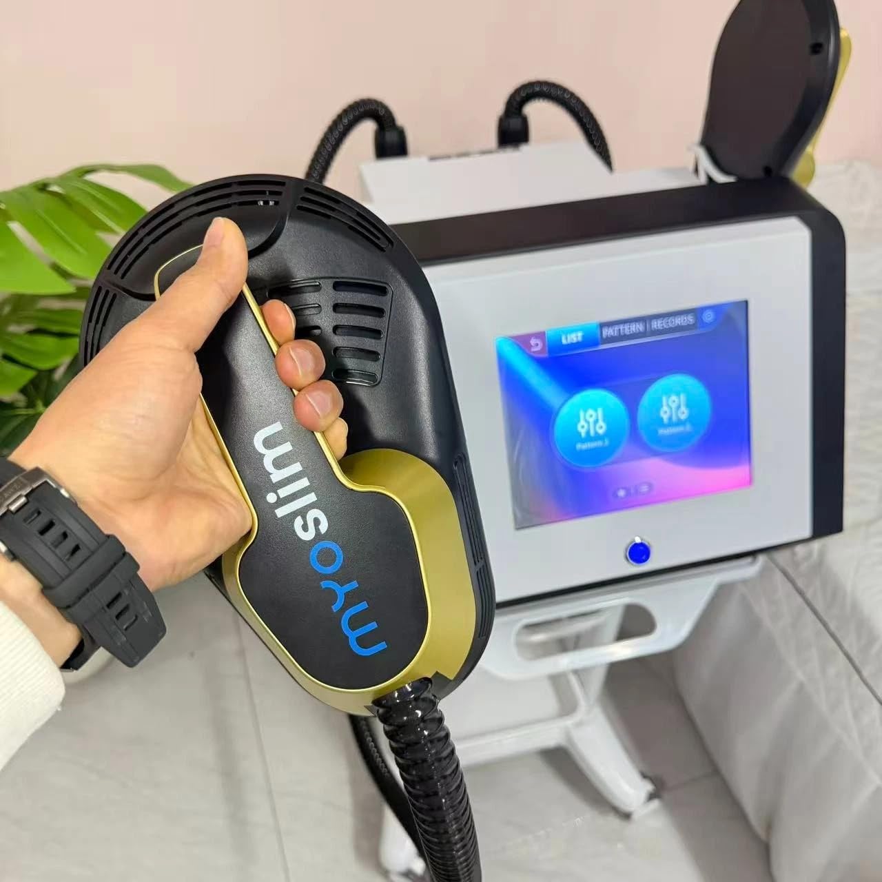 MYOslim EMS Körperformer Touchscreen, EMT+EMS Technologie, Fettreduzierung & Muskelstraffung, 2 Griffe, Grau,für Bauch, Hüften, Beine & Gesäß