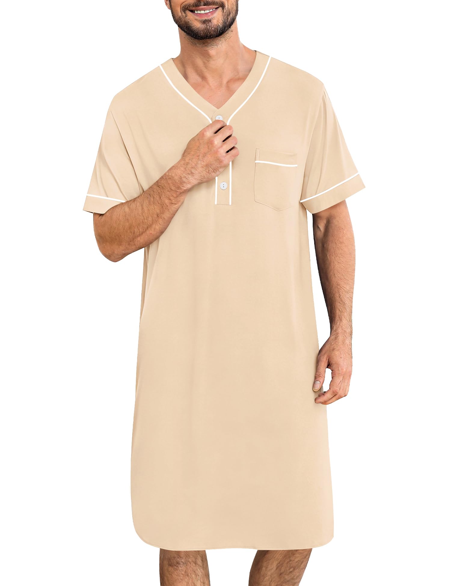 SWOMOG Mens Nightgown Short Sleeve Lounge, Sleep Henley Shirt Pajama Big &amp; Tall Nightshirt Comfy Nightwear M-3XL