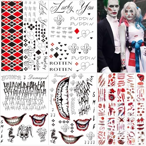 Zeecdatoo 34 Sheets Joker Tattoos, Halloween Temporary Tattoos for Halloween Cosplay Costumes and Party Accessories, Halloween Face Zombie Fake Scars Tattoos （Large Size）