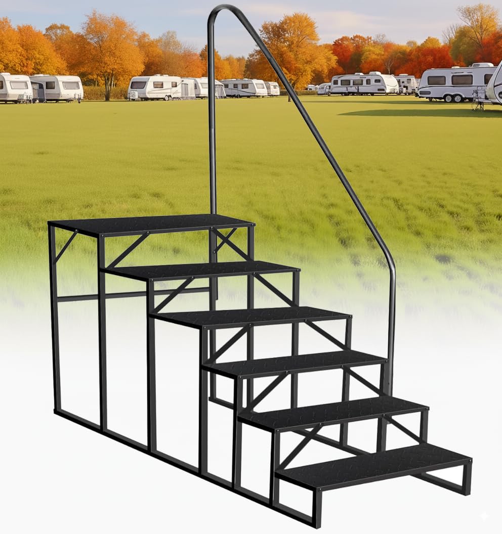 RV Steps with Handrail, 6 Step RV Stairs 660lbs Load Capacity, Heavy Duty Camper Steps with Wide &amp; Anti-Slip Platform, Portable Outdoor Metal Entry Stairs for Hot Tub, Mobile Home, Travel Trailers