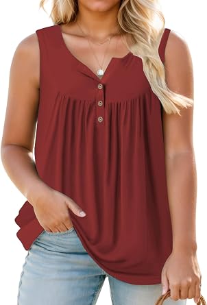 ROSRISS Plus Size Tank Tops for Women Summer V-Neck Sleeveless Henley Shirts Buttons Up Loose Fit Pleated Flowy Tunics