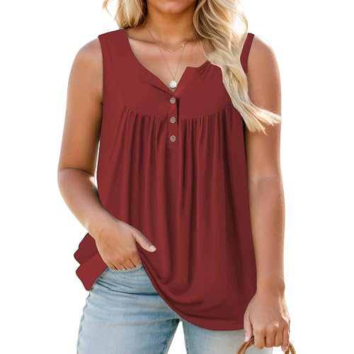 ROSRISS Plus Size Tank Tops for Women Summer V-Neck Sleeveless Henley Shirts Buttons Up Loose Fit Pleated Flowy Tunics