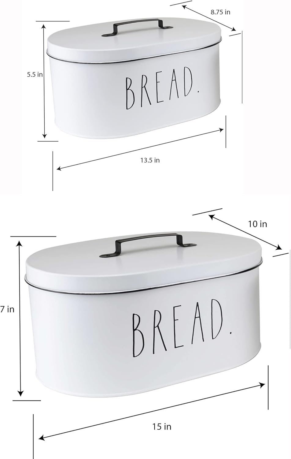 Rae Dunn Bread Box - Bread Box for Kitchen Countertop - 15" x 8" x 10" - 13.5" x 5.5" x 8.5" - Rustic White Metal Vintage Farmhouse Breadbox - Counter Storage Container