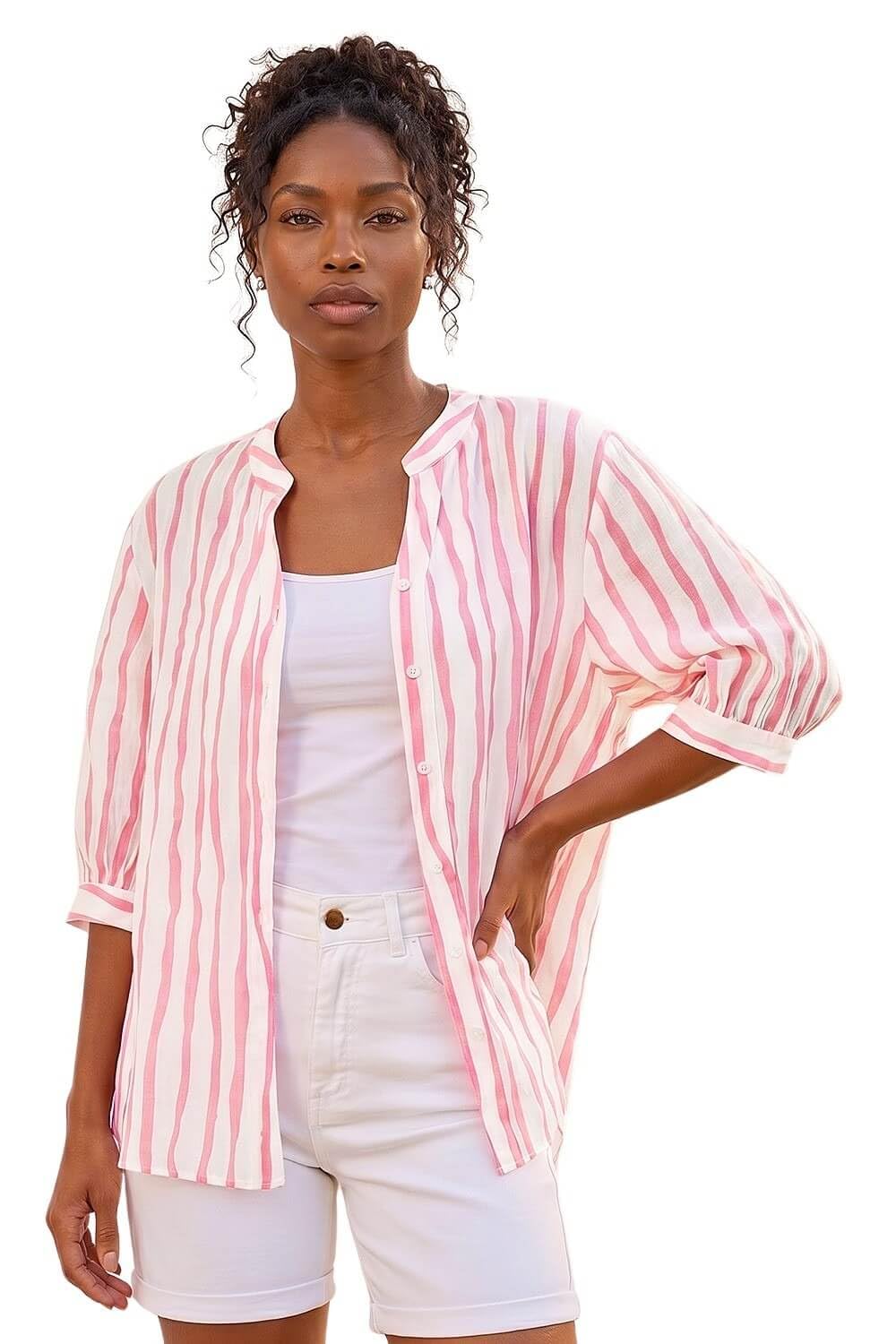 Roman Women's Pink Stripe Print V-Neck Blouse Size 18