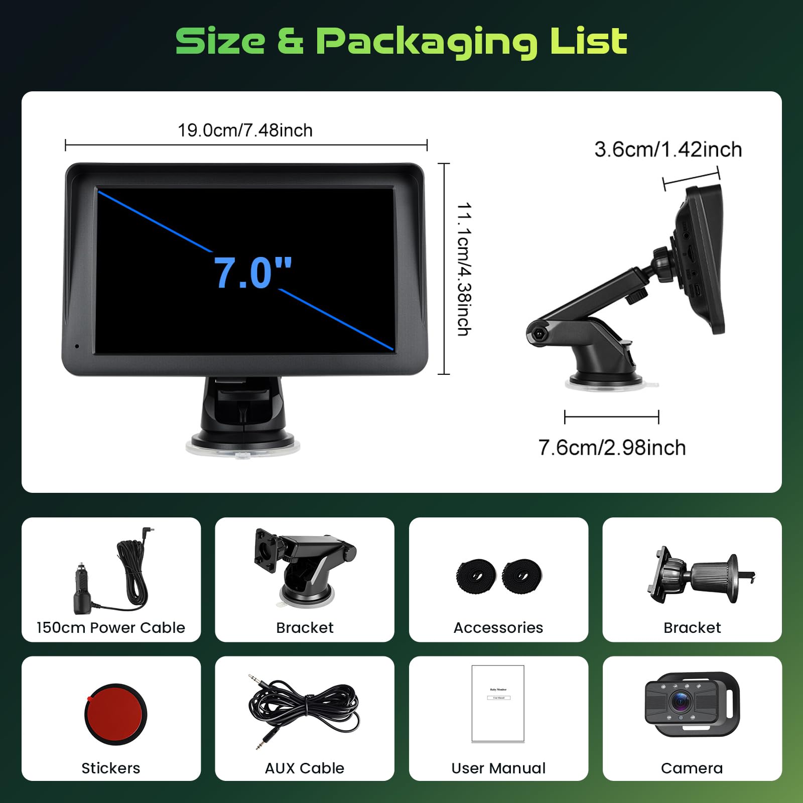Hodozzy Bezprzewodowe lusterko samochodowe dla niemowląt, z systemem Android, 7 cali, HD 1080p, z noktowizorem Superlink, kamera na tylne siedzenie 360° z monitorem do fotelika samochodowego, obsługa