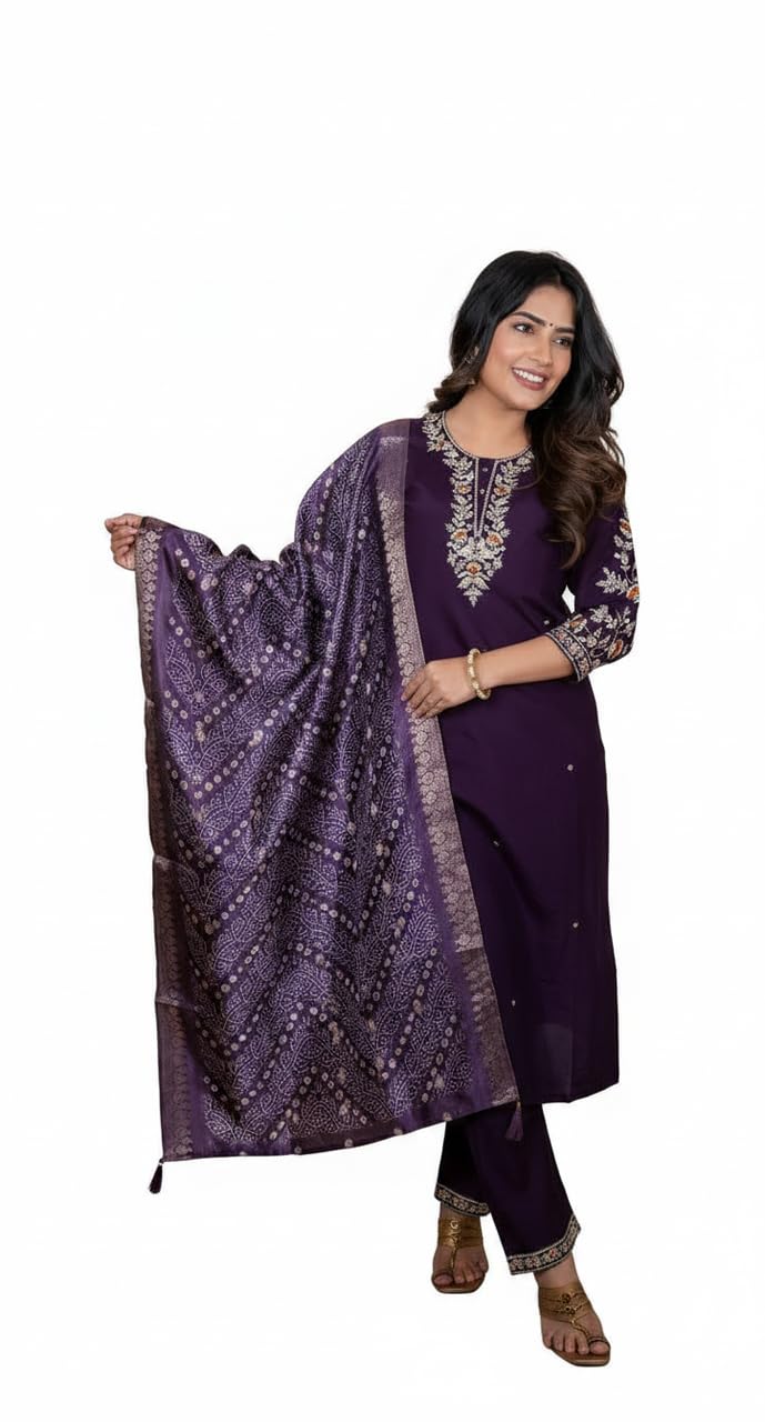Women's Purple Embroidered Kurta with Banarasi Dupatta and Pants, Ethnic Wear, 3-Piece Set-image-45