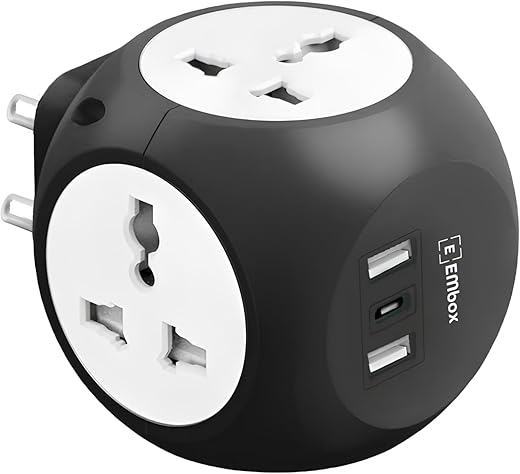 EMBOX Star Cube Multi-Plug Socket with USB Ports (2.4 A) (QC 3.0) Universal Sockets and LED Indicator, Safety Shutter Extension Board, Black