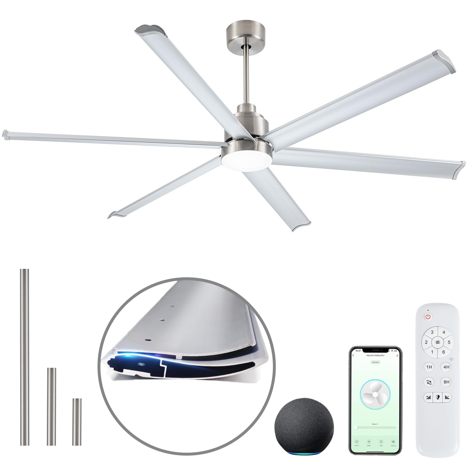 Minislak 84" Smart Industrial Ceiling Fans with Light and Remote,6 Dual-Layer Aluminum Blades,Large Brushed Nickel Ceiling Fan with 6 Speed Noiseless
