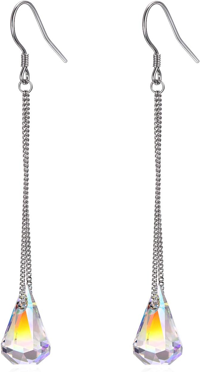 AOBOCO 925 Sterling Silver Teardrop Drop Dangle Earrings with Aurora Borealis Austrian Crystals