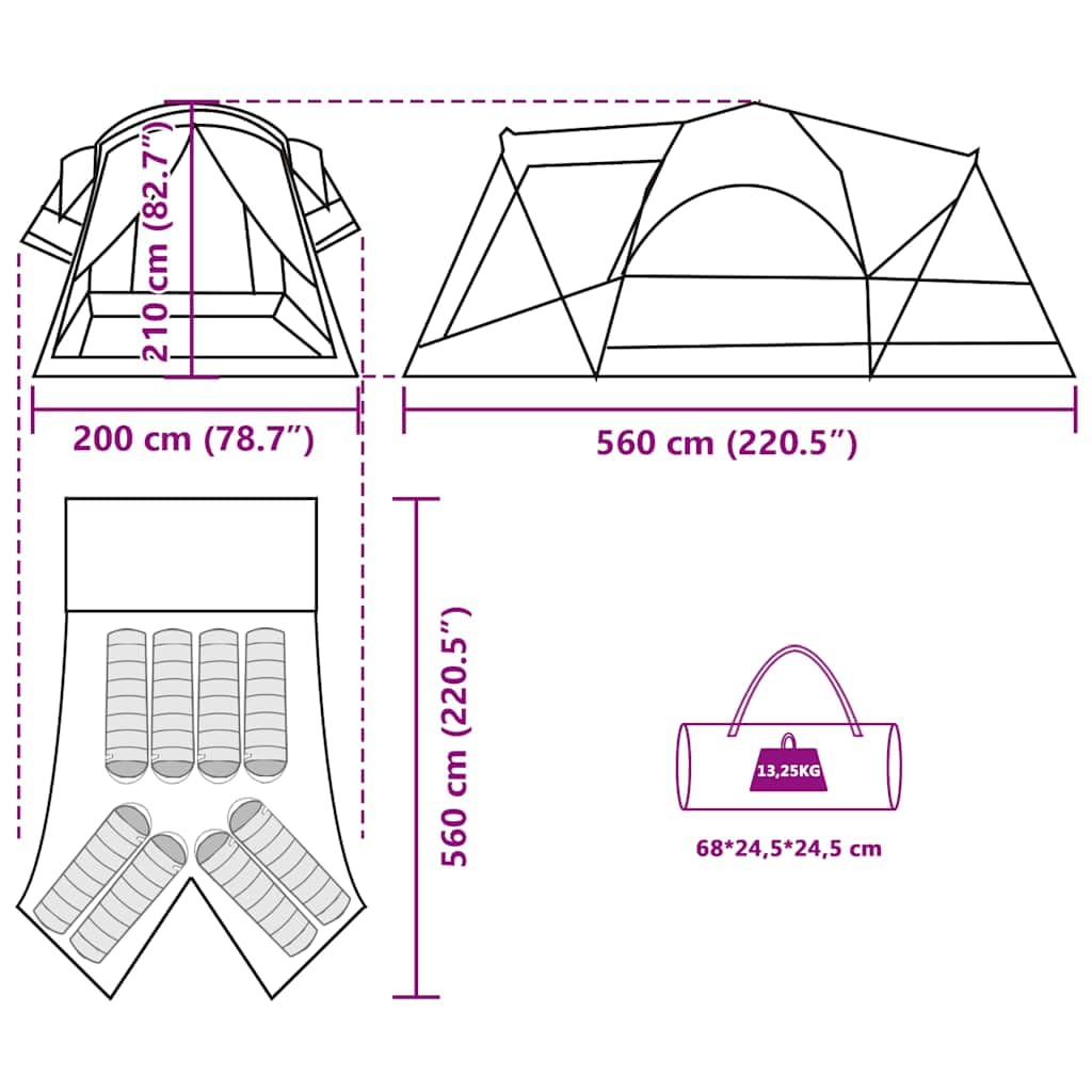 Tunelowy namiot rodzinny, zielony, dla osób z przedsionkiem, wodoszczelny namiot kempingowy z poliestru z powłoką PU, 560 x 200 x, w zestawie torba do przenoszenia, wentylacja i moskitiera