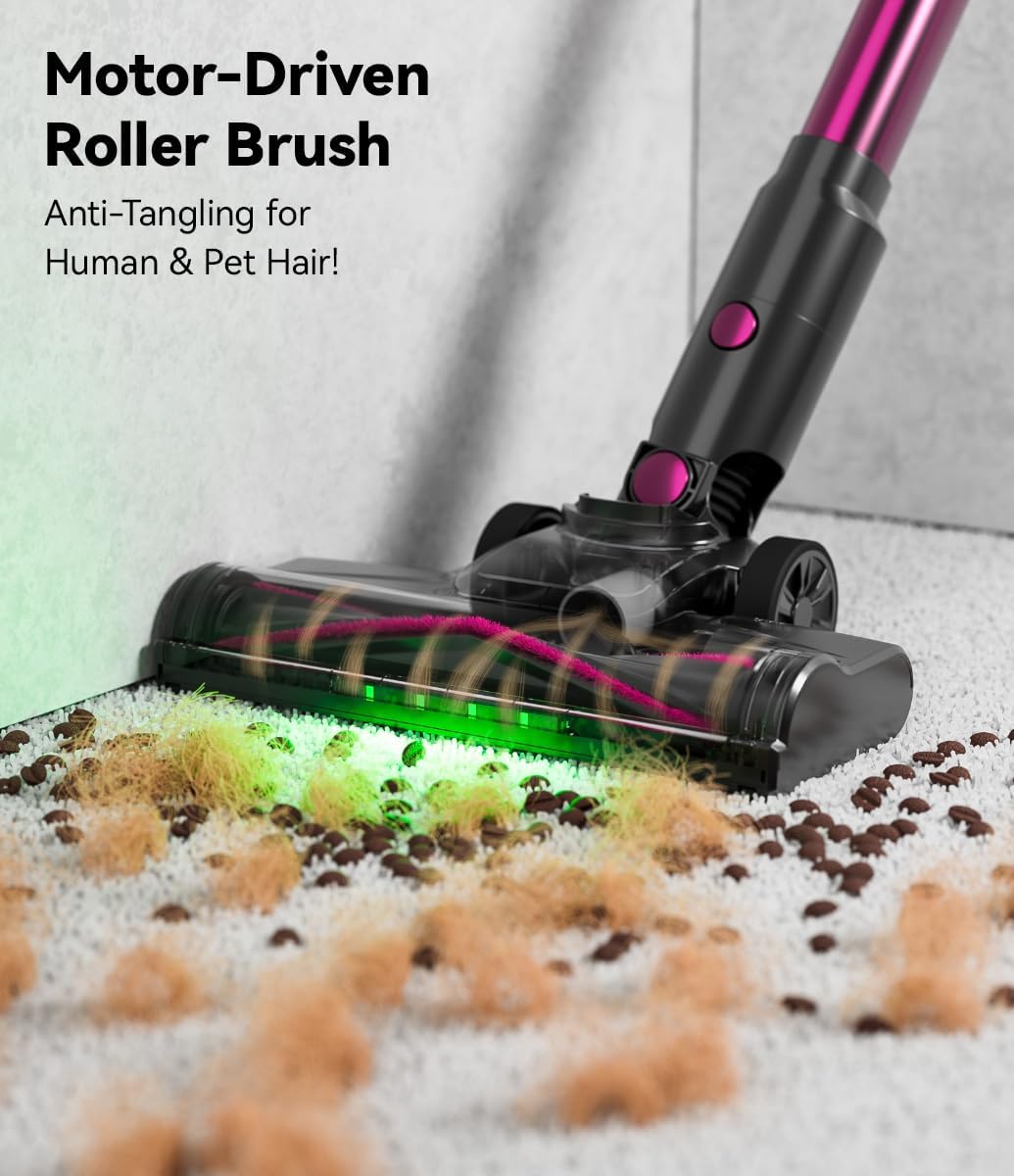 Cordless Vacuum Cleaner for Home,600W 40000PA 70Mins, Self-Standing,Powerful Suction Anti-Tangle Long&Pet Hair, Easily Picks Up Hard/Soft Debris for All Surfaces:Hardwood Floors,Tile,Carpet (Magenta)