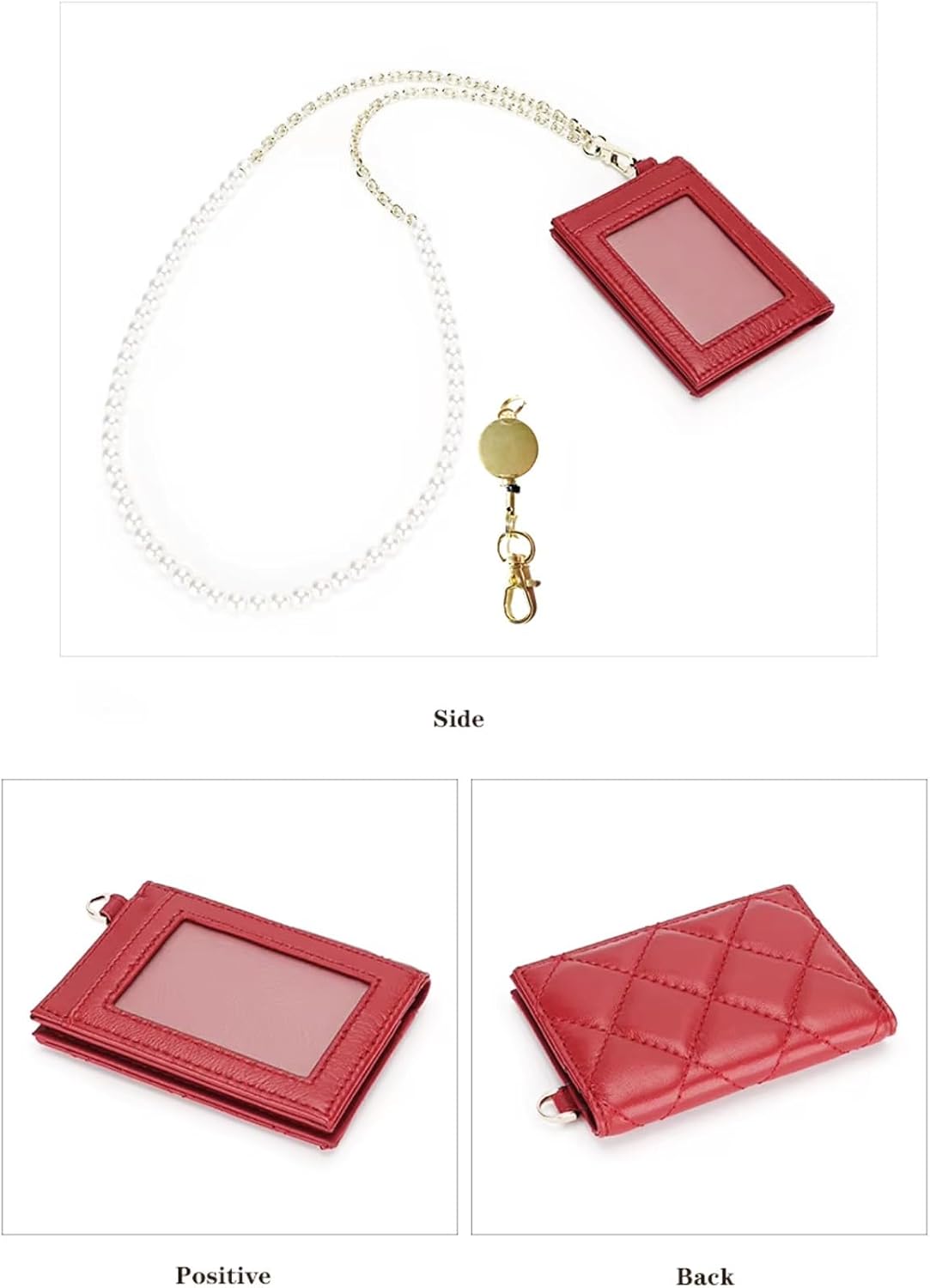 Sheepskin Genuine Real Leather Minimalist bifold Wallet, ID Card Case with Retractable Reel Pearl Metal Chain Lanyard (Burgundy)