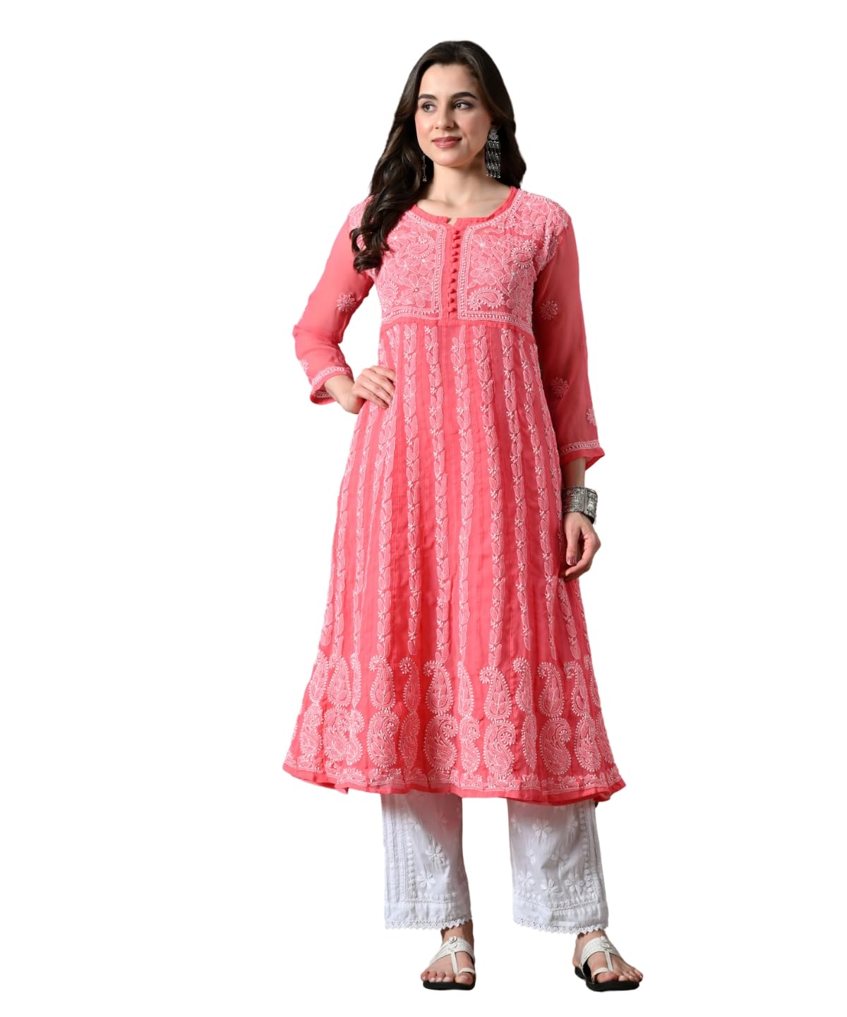fch, fashionable chikan handikraft Women Chikankari Handwork Anarkali Kurta with Cotton Inner | Soft Georgette Sleeveless Long Kurti | Ethnic Wear for Festive, Casual & Office Use-picture-36