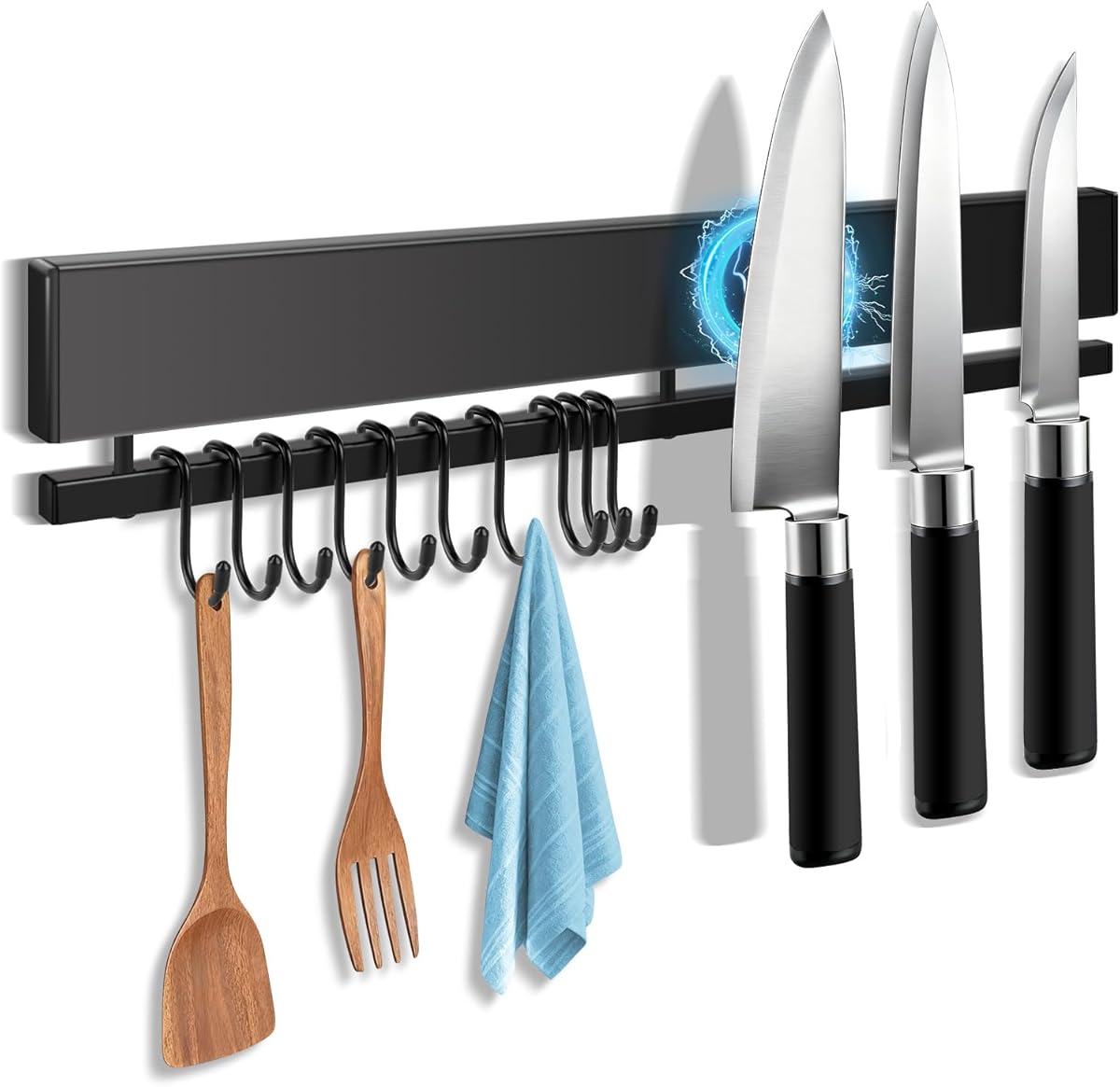 16 Inch Magnetic Knife Holder for Wall with 10 Hooks, No Drilling Magnetic Knife Strip Adhesive Magnet Bar, Wall Mount Knives Block Utensil Holder Stainless Steel Tool Rack for RV Kitchen Organization