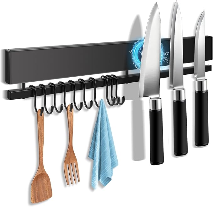 16 Inch Magnetic Knife Holder for Wall with 10 Hooks, No Drilling Magnetic Knife Strip Adhesive Magnet Bar, Wall Mount Knives Block Utensil Holder Stainless Steel Tool Rack for RV Kitchen Organization
