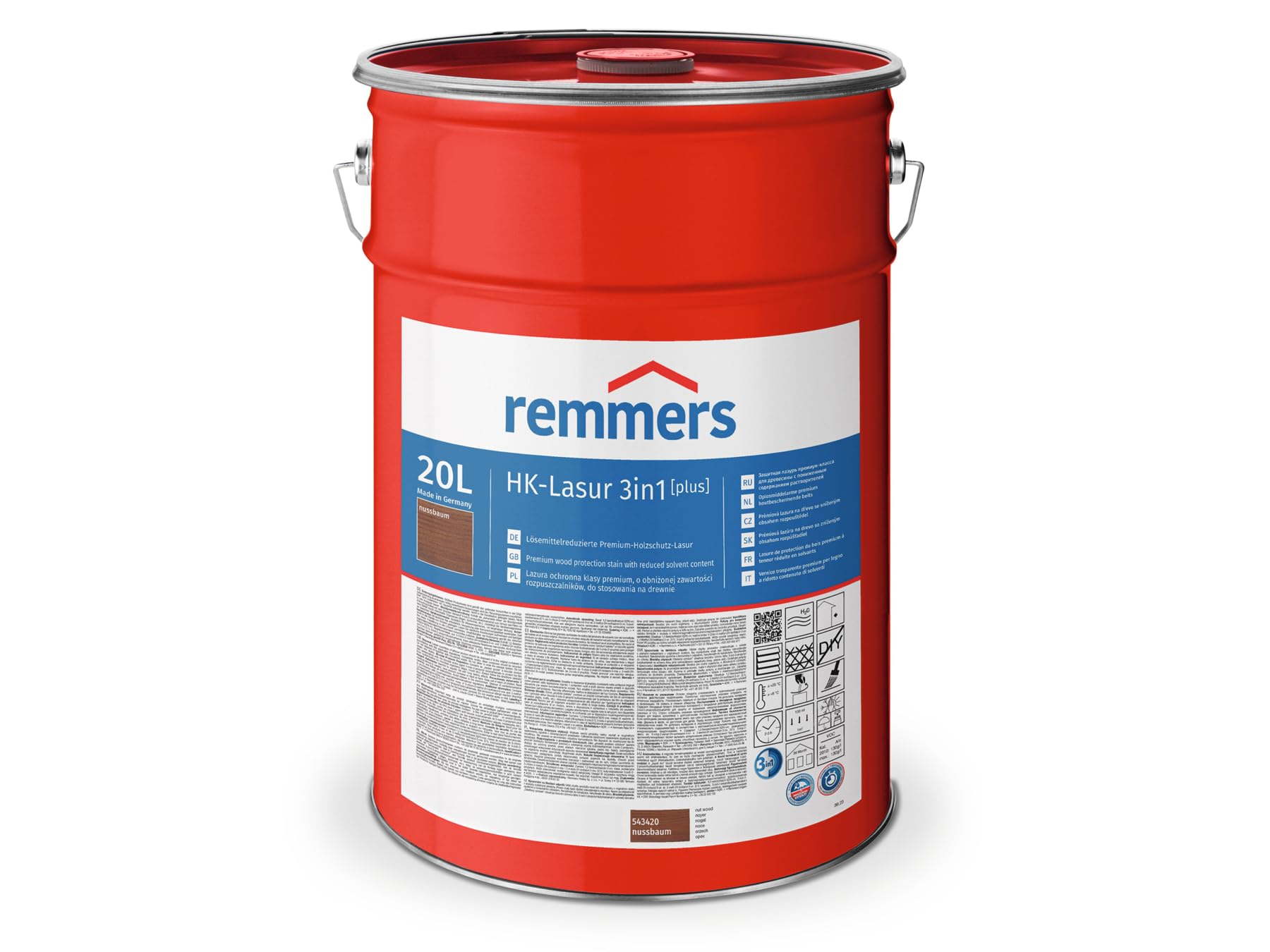Remmers Barniz HK-Lasur 3 en 1 [plus] nogal mate, 20 litros, barniz para madera premium exterior, protección triple para madera con impregnación + imprimación + barniz