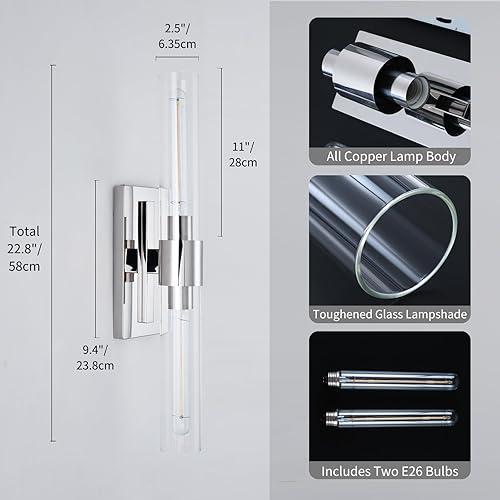Miniatura 4 de Joyunleo Juego de dos apliques de pared de níquel de 228 pulgadas 2 luces de tocador para baño con tubo de luces de pared de vidrio para dormitorio