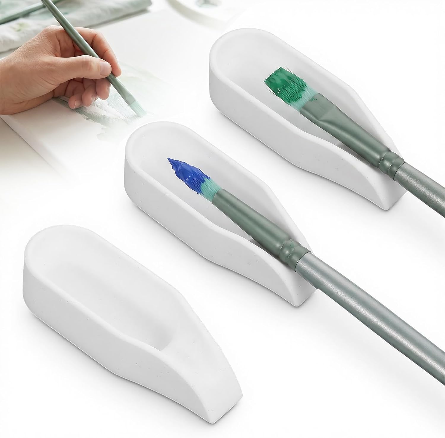 Amaxiu 3 Pcs Silicone Paint Brush Rest Holder with 6Pcs Paint Brushes