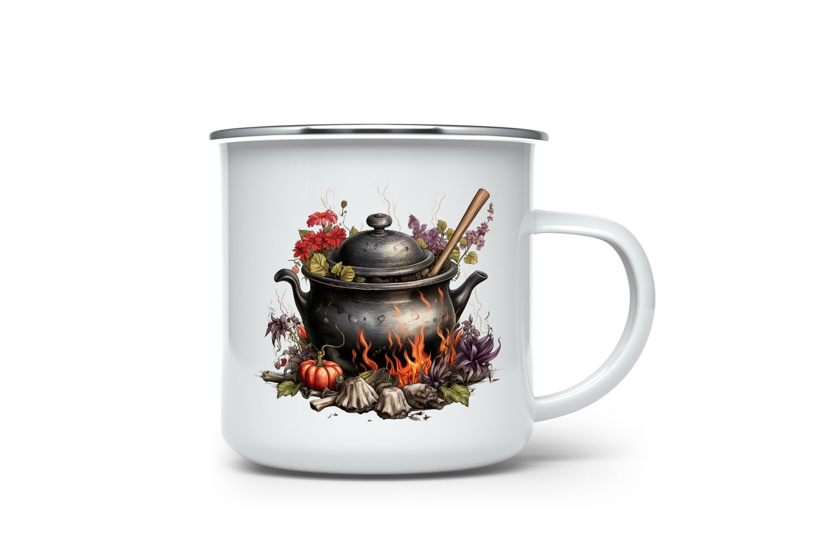 MAXIKIWI - Durable Enamel Coffee or Tea Camping Mug for Indoor Outdoor Use - Witch Cooking Pot Fantasy - 350ml
