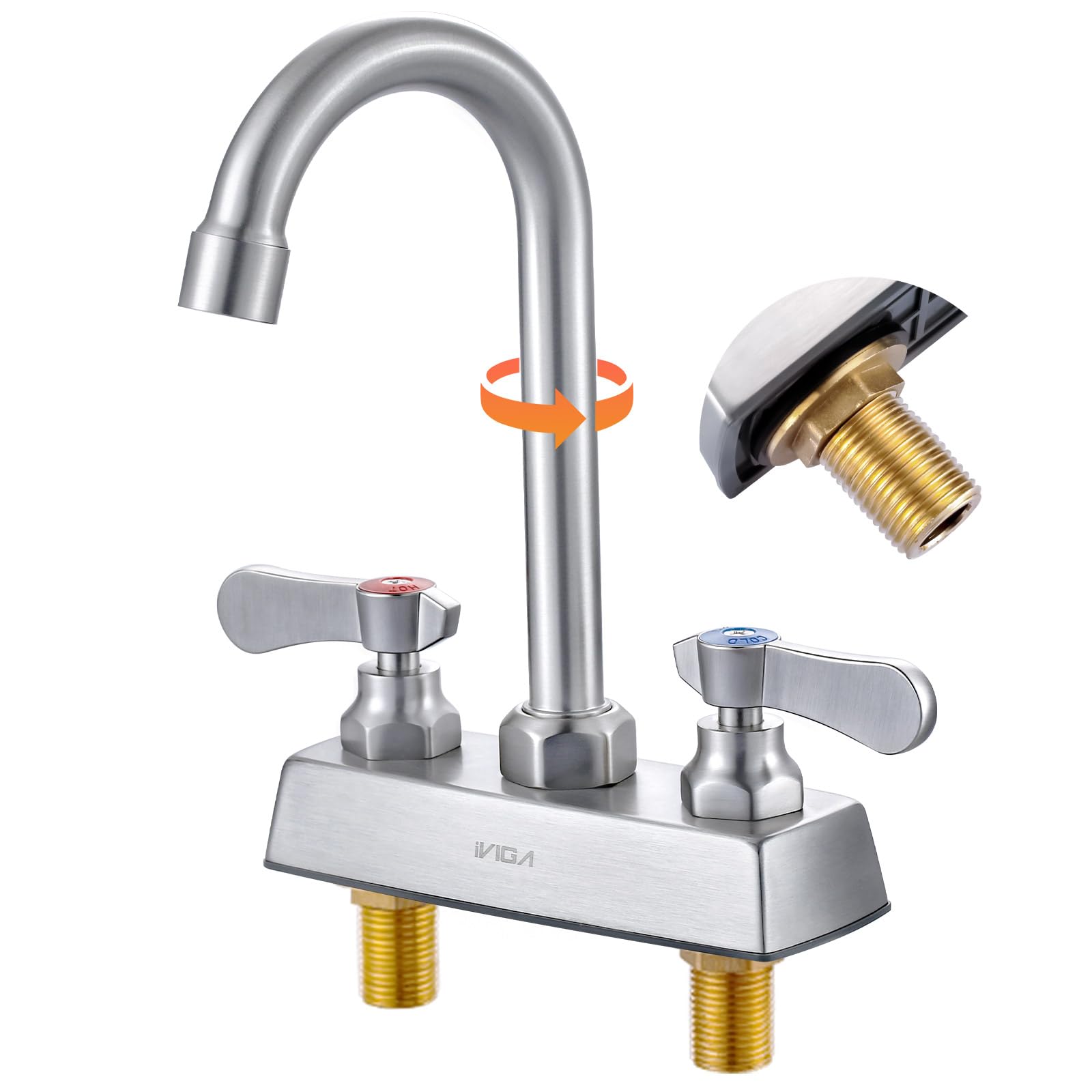 Commercial Bar Sink Faucet 2 Hole,4 Inch Center Deck Mount Hand Sink Faucet,3.8″ Gooseneck Swivel Spout Bar Faucet,Brass Construction Brushed Nickel with Dual Handles for Utility Laundry Kitchen