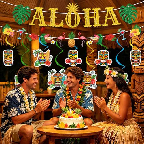 Image of Gameza Hawaiian Aloha Party Decorations, 11PCS Hawaiian Tropical Luau Glitter Banners with Hanging Swirls Decoration, Flamingo Pineapple Summer Decor Supplies