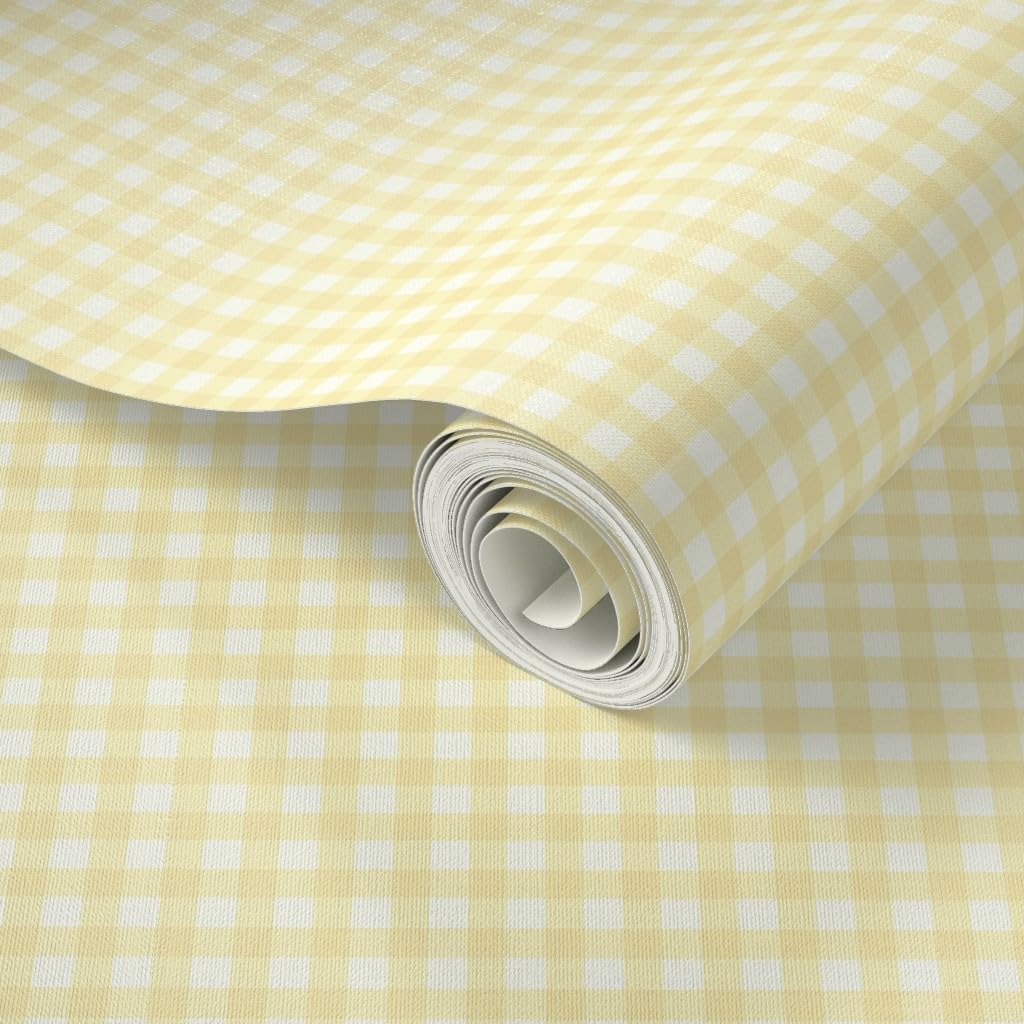 Peel & Stick Wallpaper Swatch - Pale Sunshine Gingham Yellow Lemon Check Plaid Custom Removable Wallpaper by Spoonflower