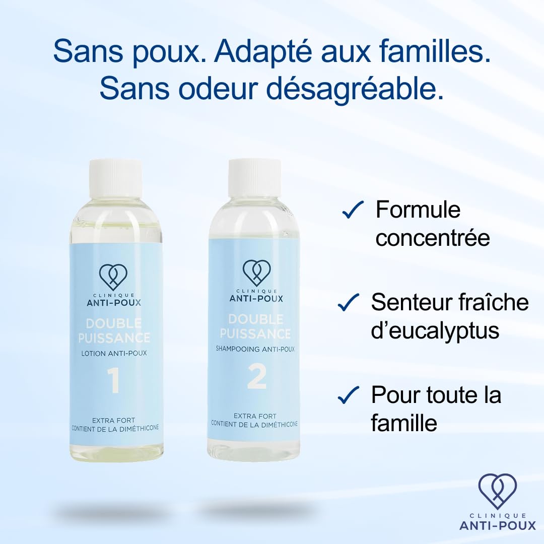 Clinique Anti-Poux Double Puissance - Tue efficacement les poux et les lentes - Kit de traitement anti-poux - Lotion et shampoing à la diméthicone pour adultes et enfants - Parfum eucalyptus
