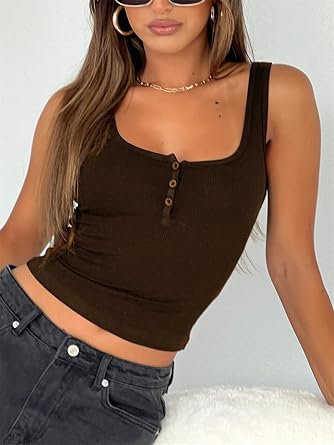 ForeFair Women Ribbed Tank Top Square Neck Sleeveless Basic Fitted Crop Tops Y2K Buttons Henley Vest