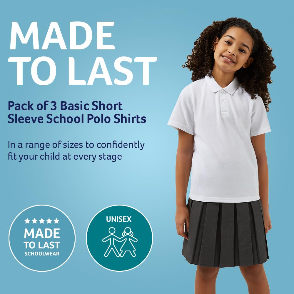 Trutex Paquete de 3 polos escolares de manga corta de ajuste estándar para niños y niñas (2-16 años), polos unisex para niños y niñas, ideal para kits de polietileno, uniforme escolar genuino