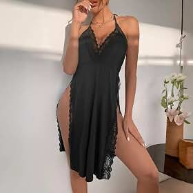 Lingerie feminina sexy, roupa de dormir de seda, babydoll de renda, fenda lateral