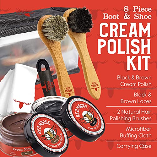 8Pc Black And Brown Shoe / Boot Cleaning Kit – Polish, Brushes, Cloth, Case - Red Moose #TOP1