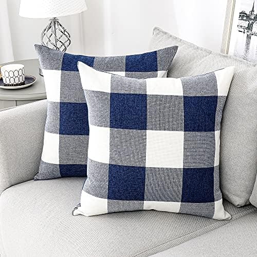 WLANSMO Navy Blue and Ivory White 18 x 18 Inches Set of 2 Farmhouse Buffalo Check Plaid Throw Pillow Covers Cushion Case Polyester Linen for Summer Home Decor (No Inserts)