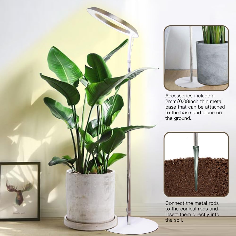 Qux 10” Halo Pro Grow Light,Full Spectrum LED Freestanting Plant Grow Lamp with 3 Kind of Light Colors switchover & 10-Level Dimmable,Auto On Off Timing 4/8/12Hrs for Indoor Larger Plants (Gold)