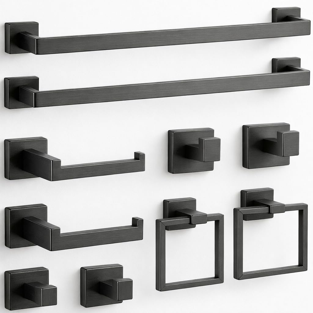 Luxury Charcoal Graphite Bathroom Hardware Set – 10-Piece Modern Square Towel Rack & Towel Bar Set, Matte Gray Wall Mounted