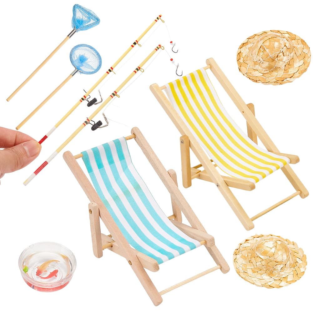 FREEBLOSS 9Pcs Miniature Fishing Rod & Net Set Realistic Tiny Creek Fishing Accessories for Christmas Elf Life Scene Gone Fishing Cake Topper for Fish Bowl Cake Cute Mini Fishing Props for Diorama